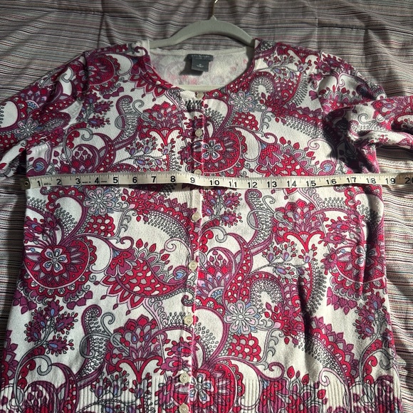 Talbots Women's Cotton 3/4 Sleeve Cardigan Sweater in Red Pink Grey White Sz M - Picture 8 of 9